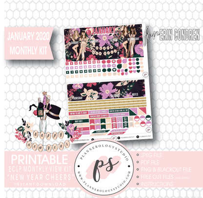 New Year Cheers January 2020 Monthly View Kit Digital Printable Planner Stickers (for use with Erin Condren) - Plannerologystudio