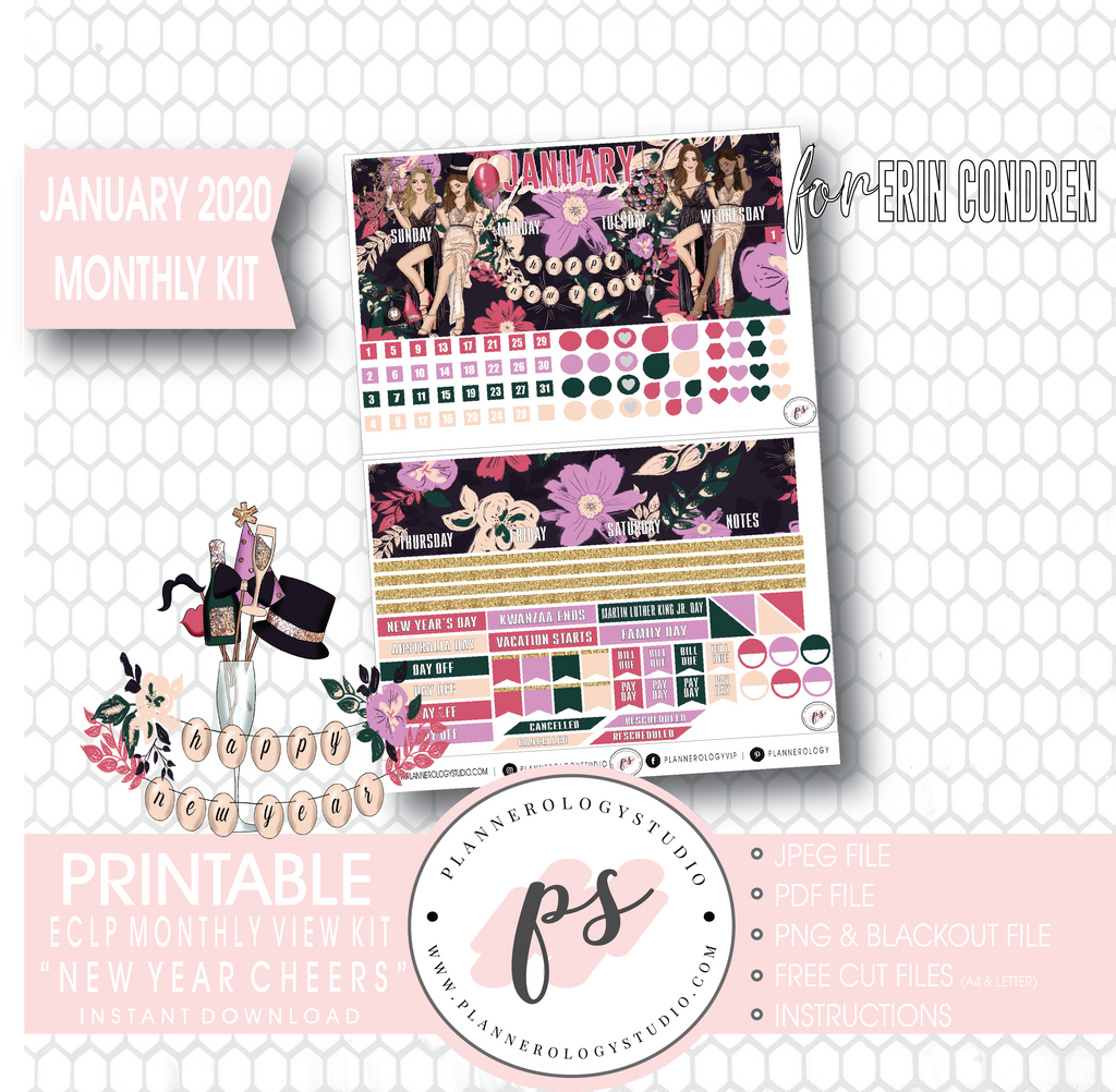 New Year Cheers January 2020 Monthly View Kit Digital Printable Planner Stickers (for use with Erin Condren) - Plannerologystudio
