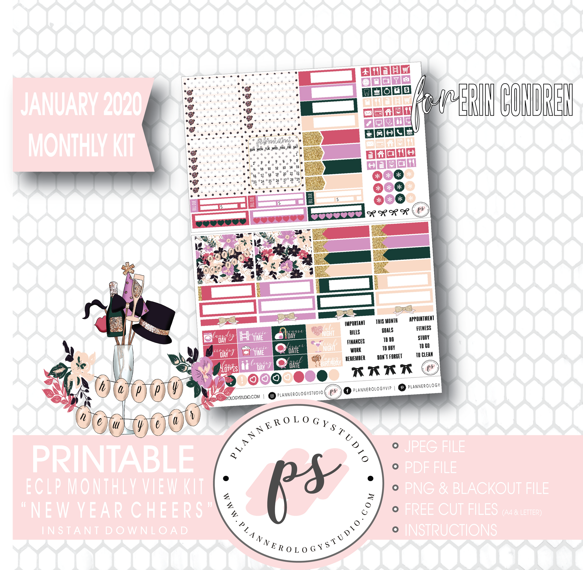 New Year Cheers January 2020 Monthly View Kit Digital Printable Planner Stickers (for use with Erin Condren) - Plannerologystudio