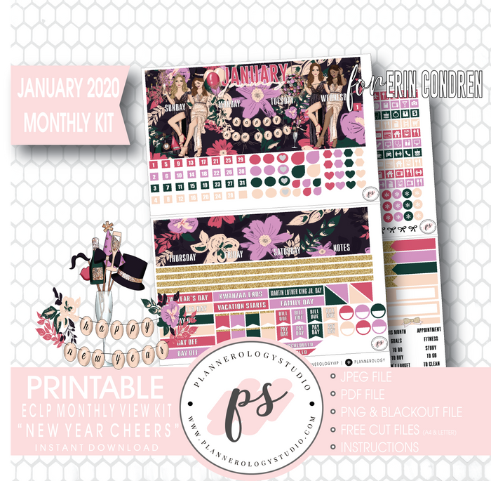 New Year Cheers January 2020 Monthly View Kit Digital Printable Planner Stickers (for use with Erin Condren) - Plannerologystudio