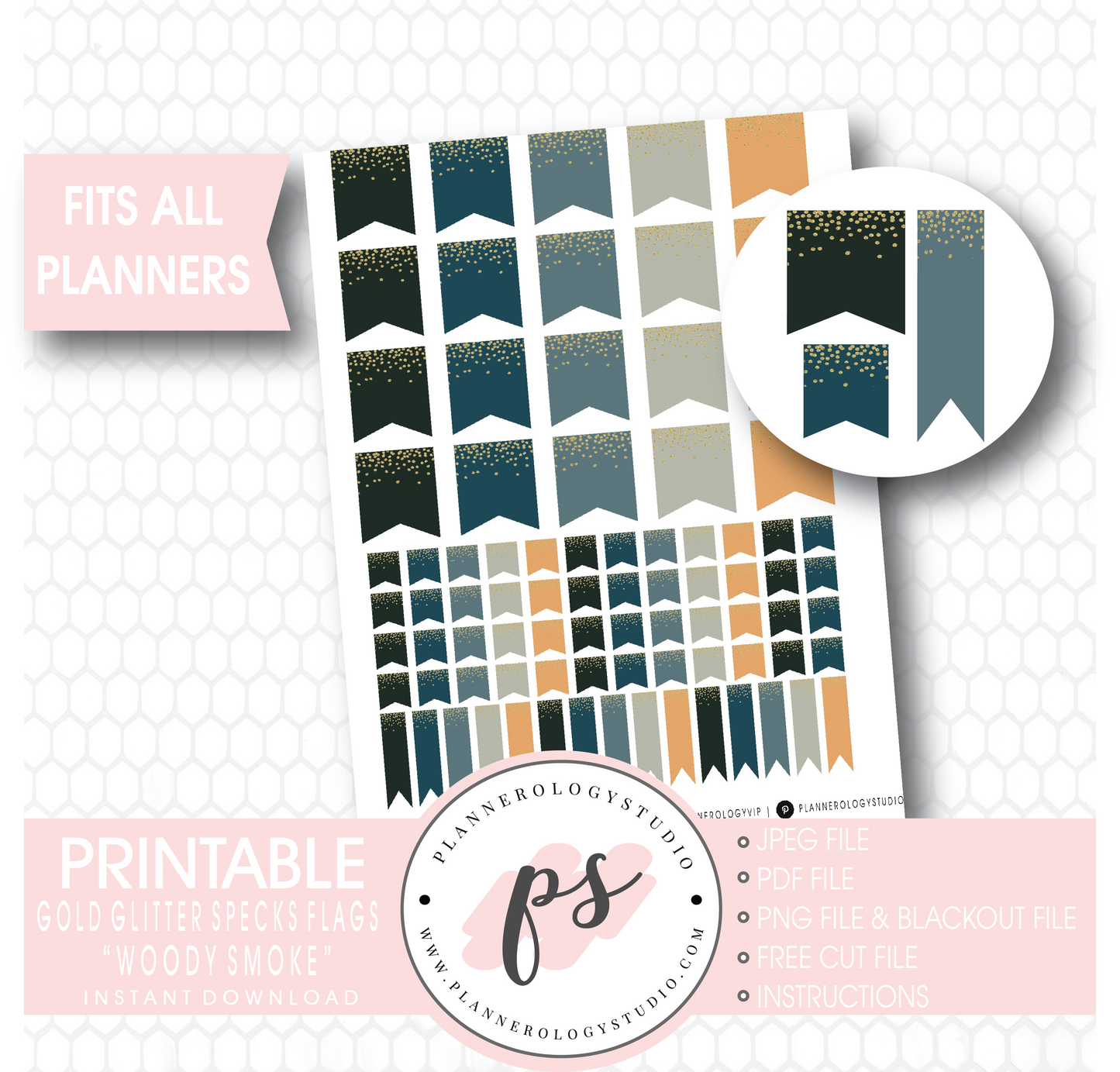 "Woody Smoke" Gold Glitter Specks Flags Printable Digital Planner Stickers - Plannerologystudio