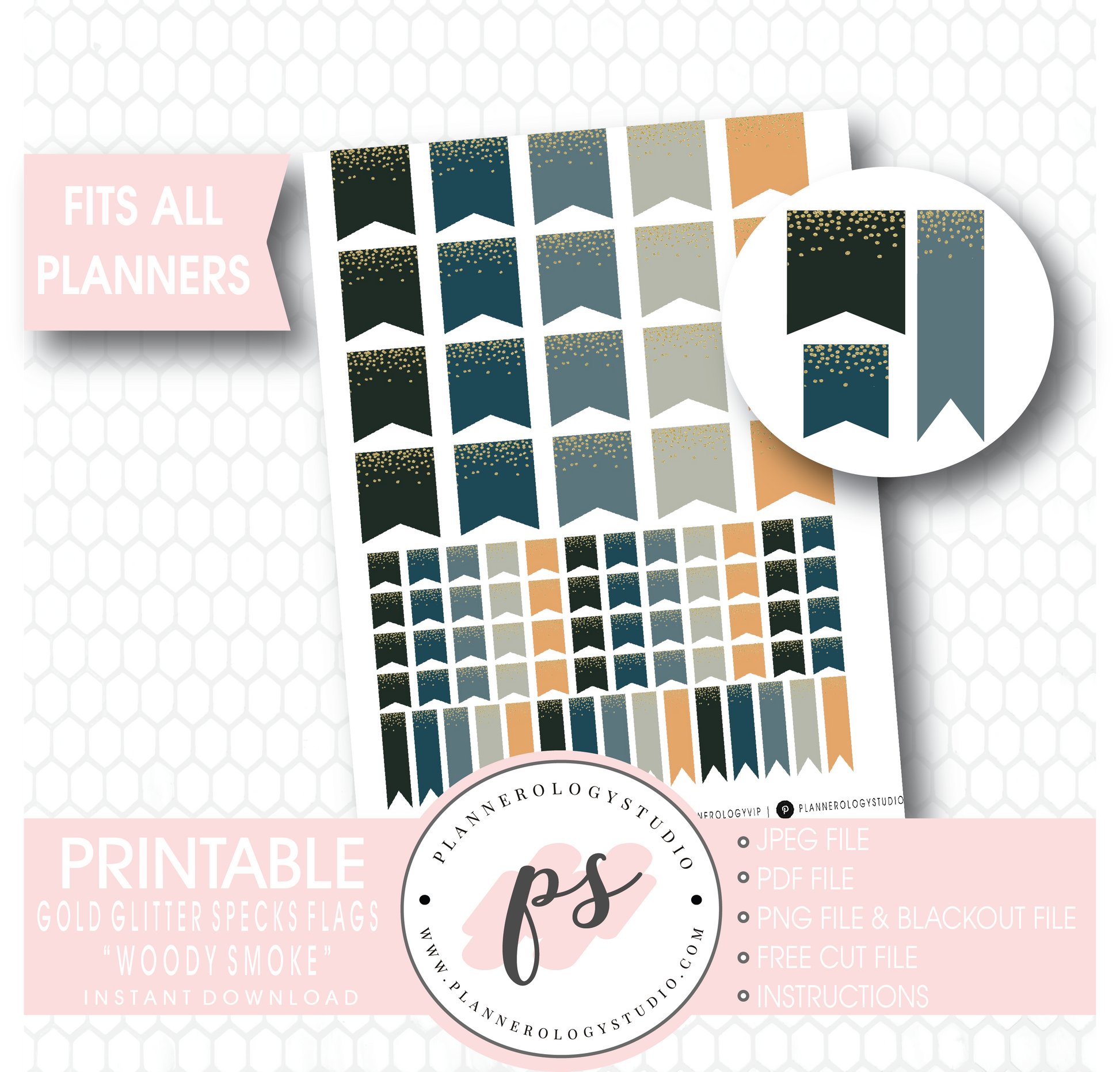 "Woody Smoke" Gold Glitter Specks Flags Printable Digital Planner Stickers - Plannerologystudio