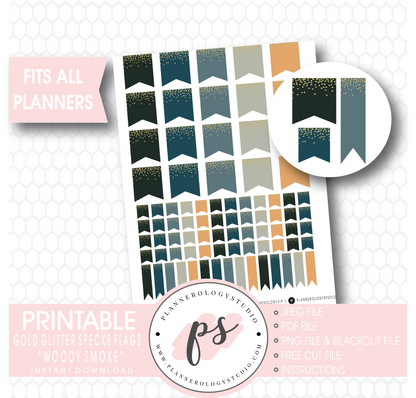 "Woody Smoke" Gold Glitter Specks Flags Printable Digital Planner Stickers - Plannerologystudio