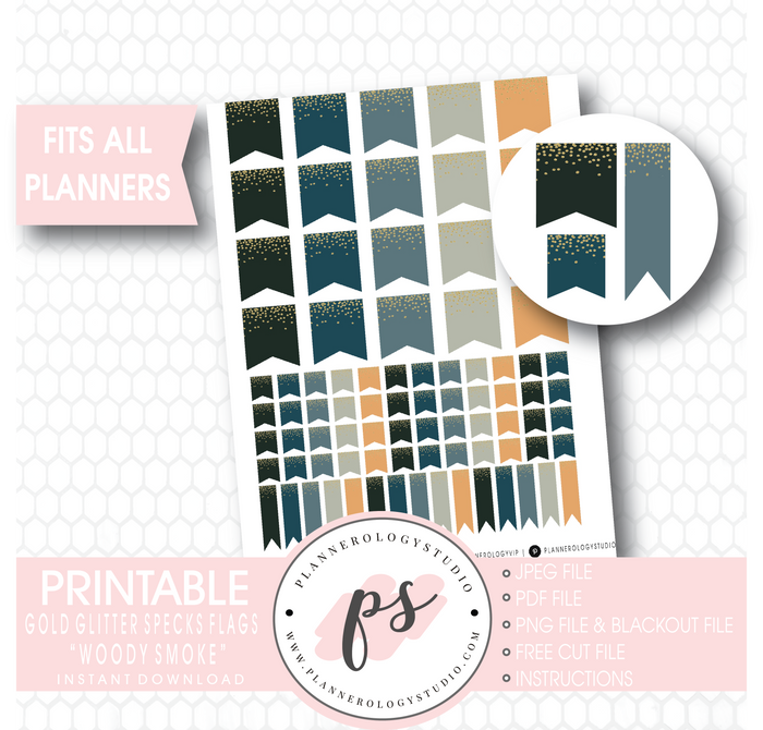 "Woody Smoke" Gold Glitter Specks Flags Printable Digital Planner Stickers - Plannerologystudio