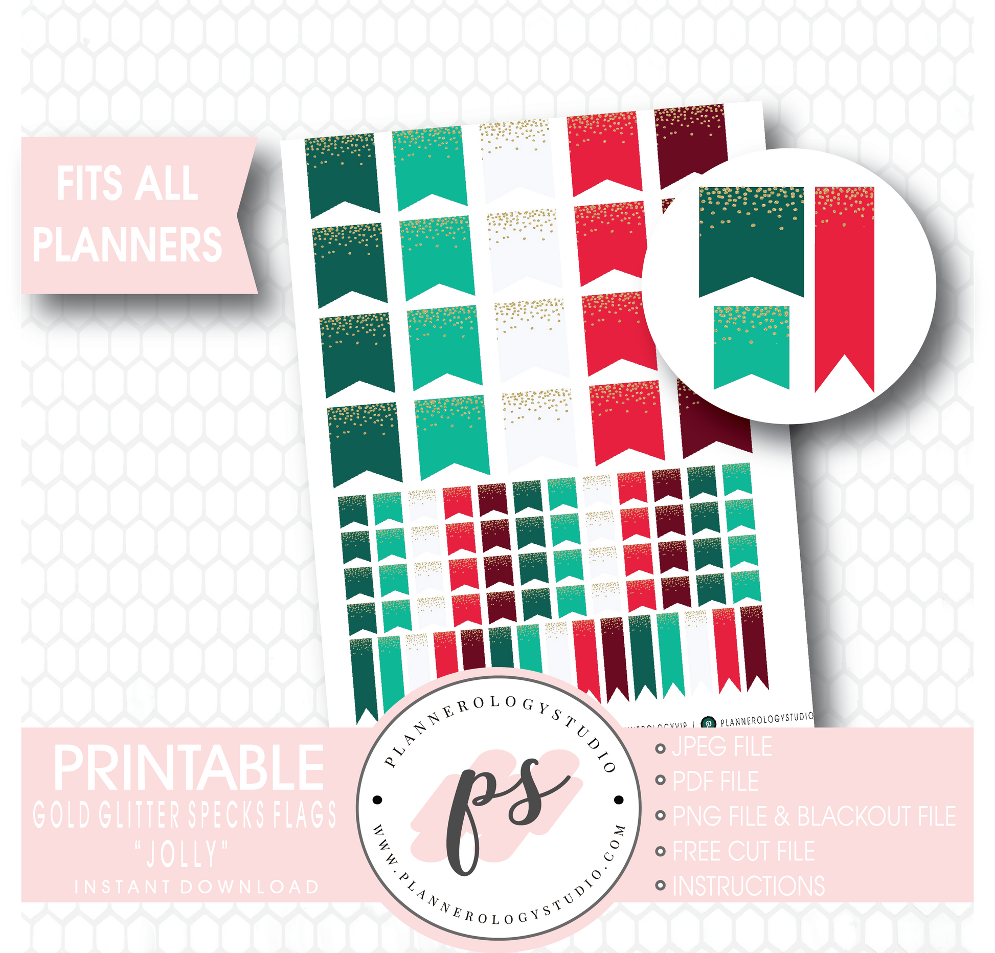 "Jolly" (Christmas) Gold Glitter Specks Flags Printable Digital Planner Stickers - Plannerologystudio