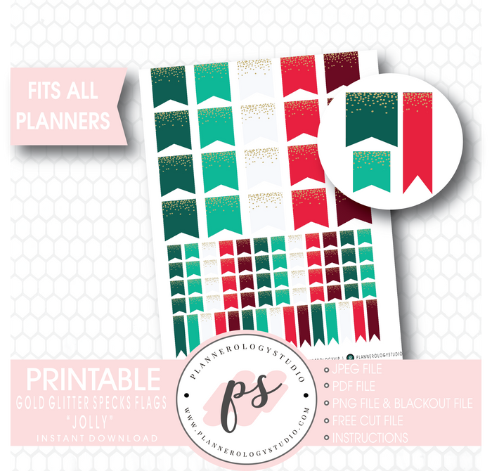"Jolly" (Christmas) Gold Glitter Specks Flags Printable Digital Planner Stickers - Plannerologystudio