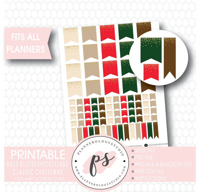 "Classic Christmas" Gold Glitter Specks Flags Printable Digital Planner Stickers - Plannerologystudio