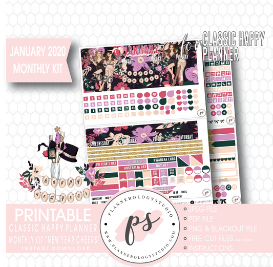 New Year Cheers January 2020 Monthly View Kit Digital Printable Planner Stickers (for use with Classic Happy Planner) - Plannerologystudio