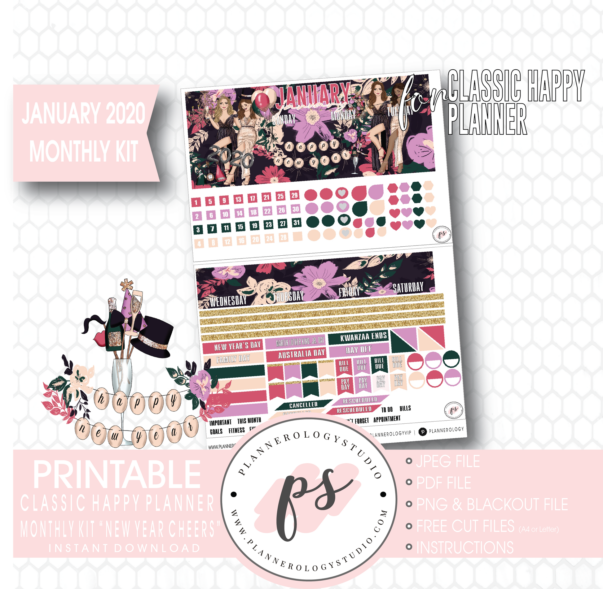 New Year Cheers January 2020 Monthly View Kit Digital Printable Planner Stickers (for use with Classic Happy Planner) - Plannerologystudio