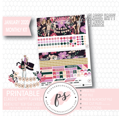 New Year Cheers January 2020 Monthly View Kit Digital Printable Planner Stickers (for use with Classic Happy Planner) - Plannerologystudio