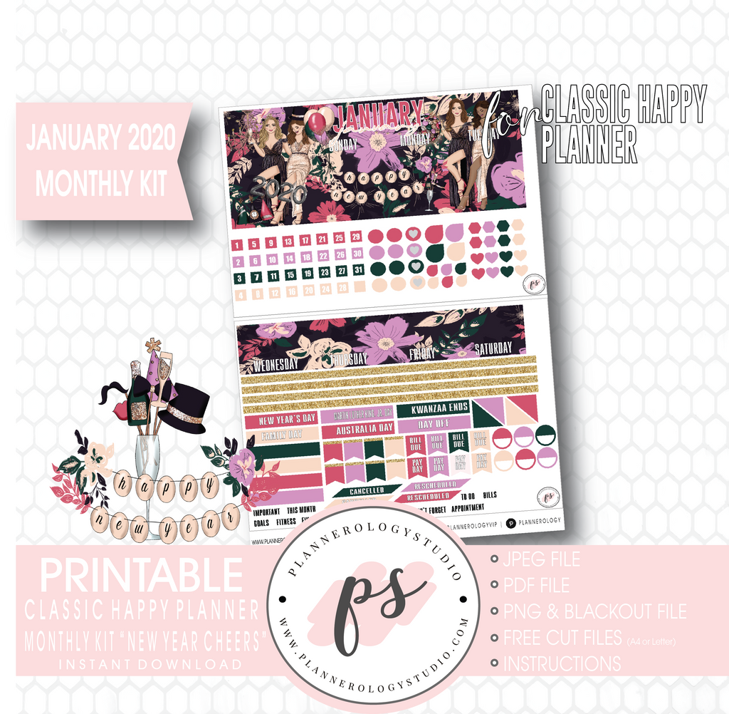 New Year Cheers January 2020 Monthly View Kit Digital Printable Planner Stickers (for use with Classic Happy Planner) - Plannerologystudio