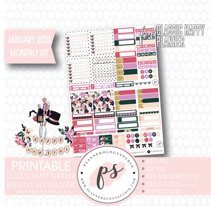 New Year Cheers January 2020 Monthly View Kit Digital Printable Planner Stickers (for use with Classic Happy Planner) - Plannerologystudio
