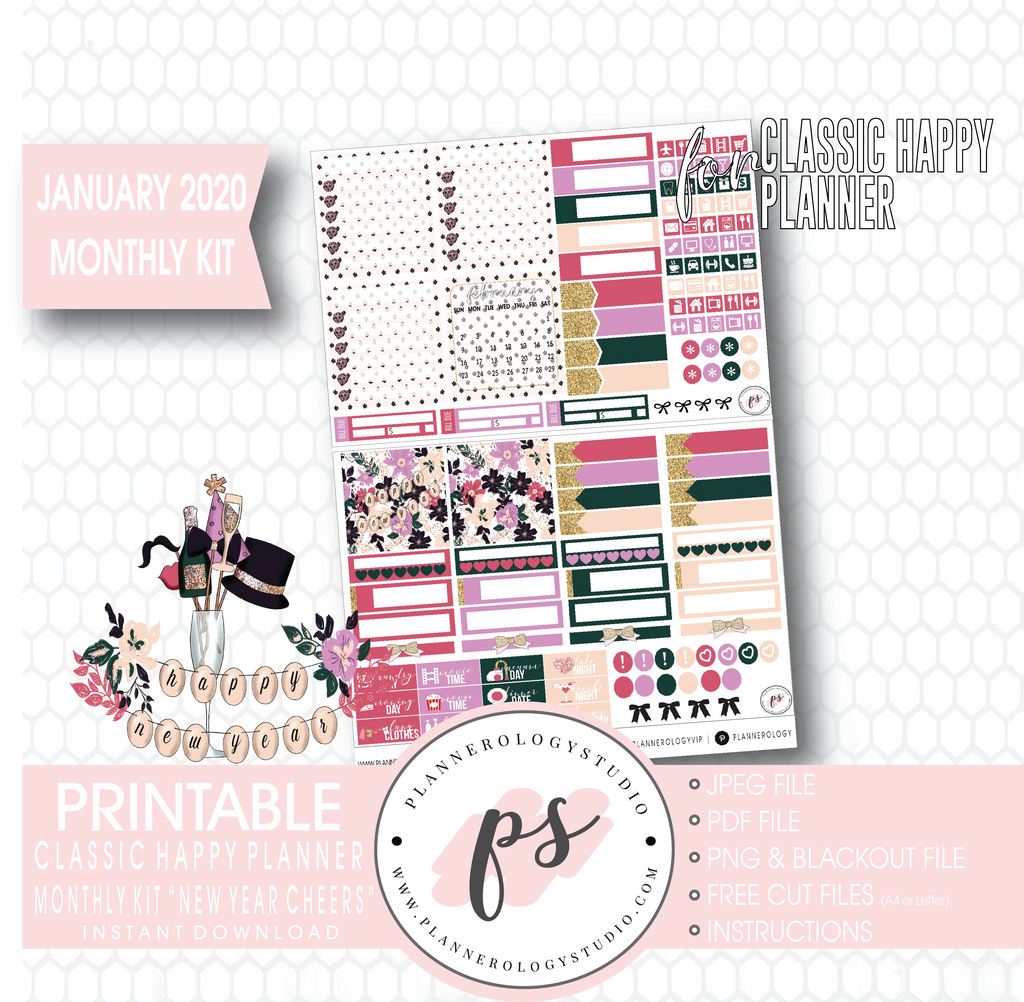New Year Cheers January 2020 Monthly View Kit Digital Printable Planner Stickers (for use with Classic Happy Planner) - Plannerologystudio