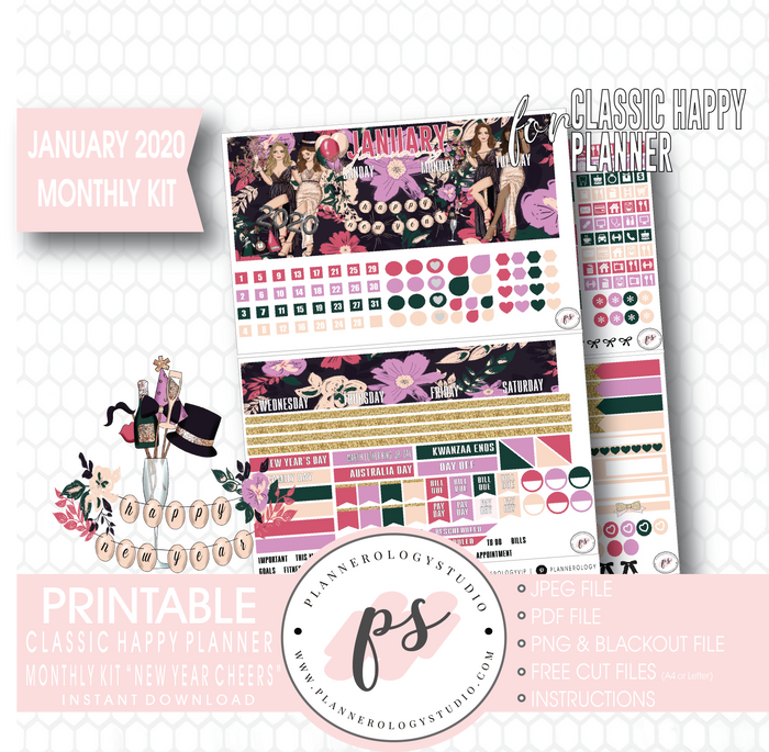 New Year Cheers January 2020 Monthly View Kit Digital Printable Planner Stickers (for use with Classic Happy Planner) - Plannerologystudio
