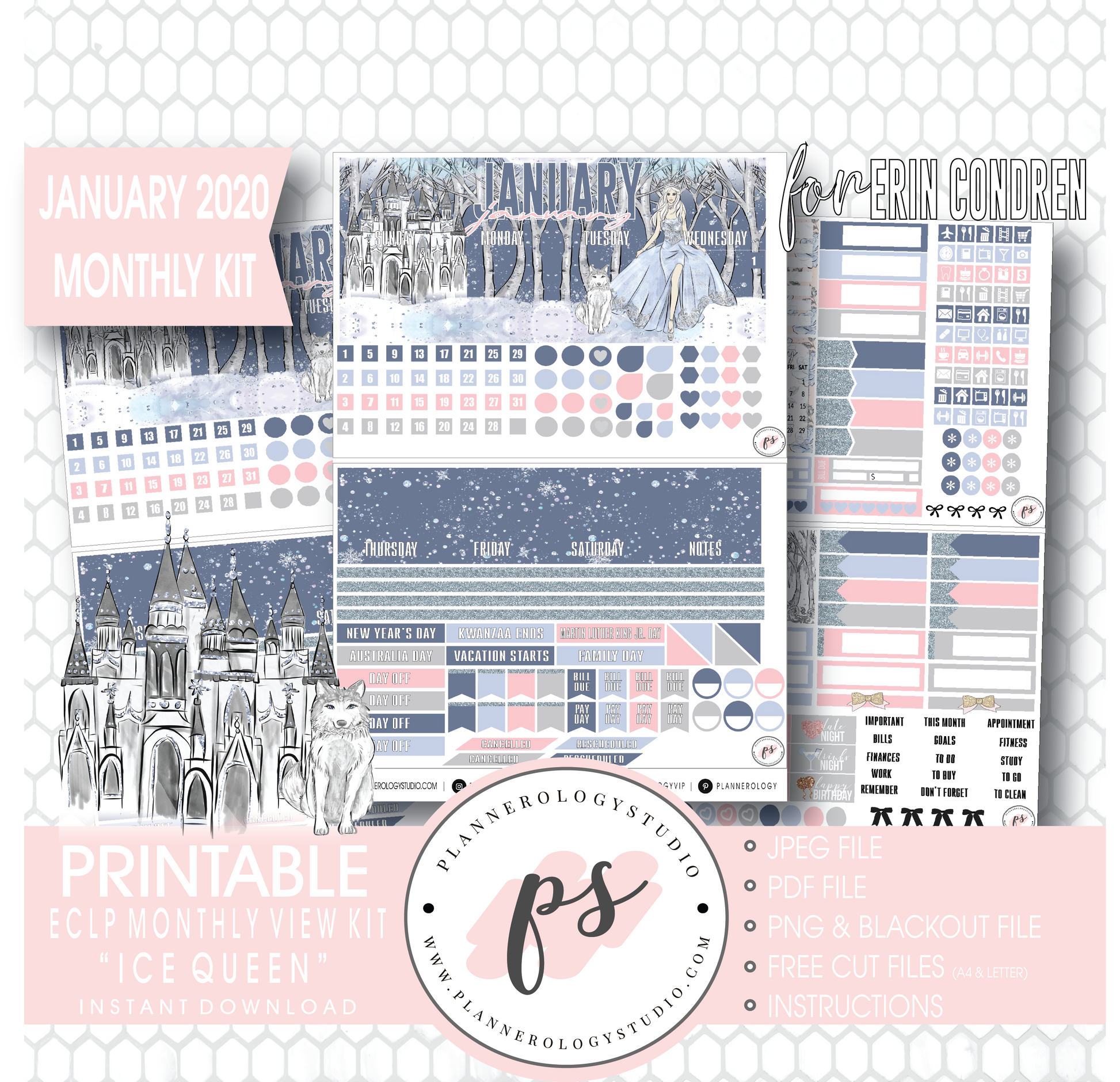 Ice Queen January 2020 Monthly View Kit Digital Printable Planner Stickers (for use with Erin Condren) - Plannerologystudio