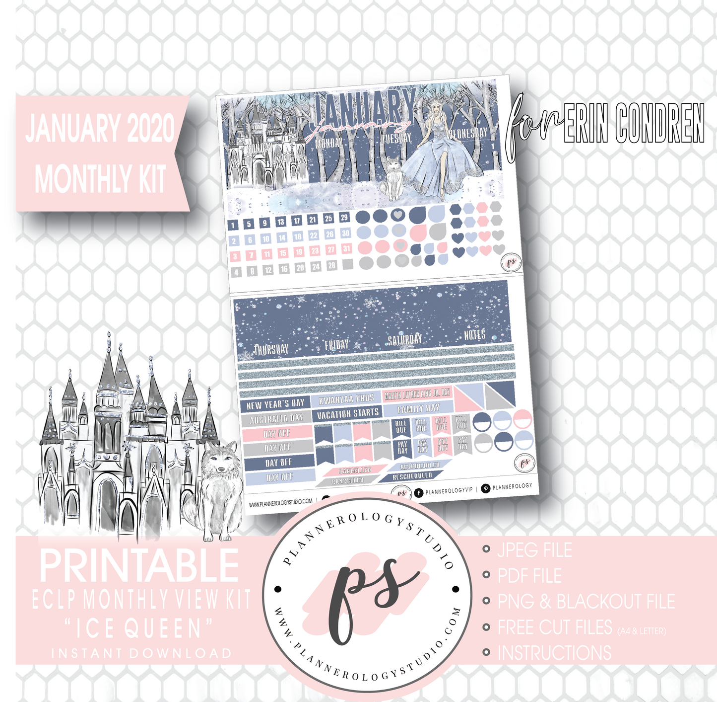 Ice Queen January 2020 Monthly View Kit Digital Printable Planner Stickers (for use with Erin Condren) - Plannerologystudio