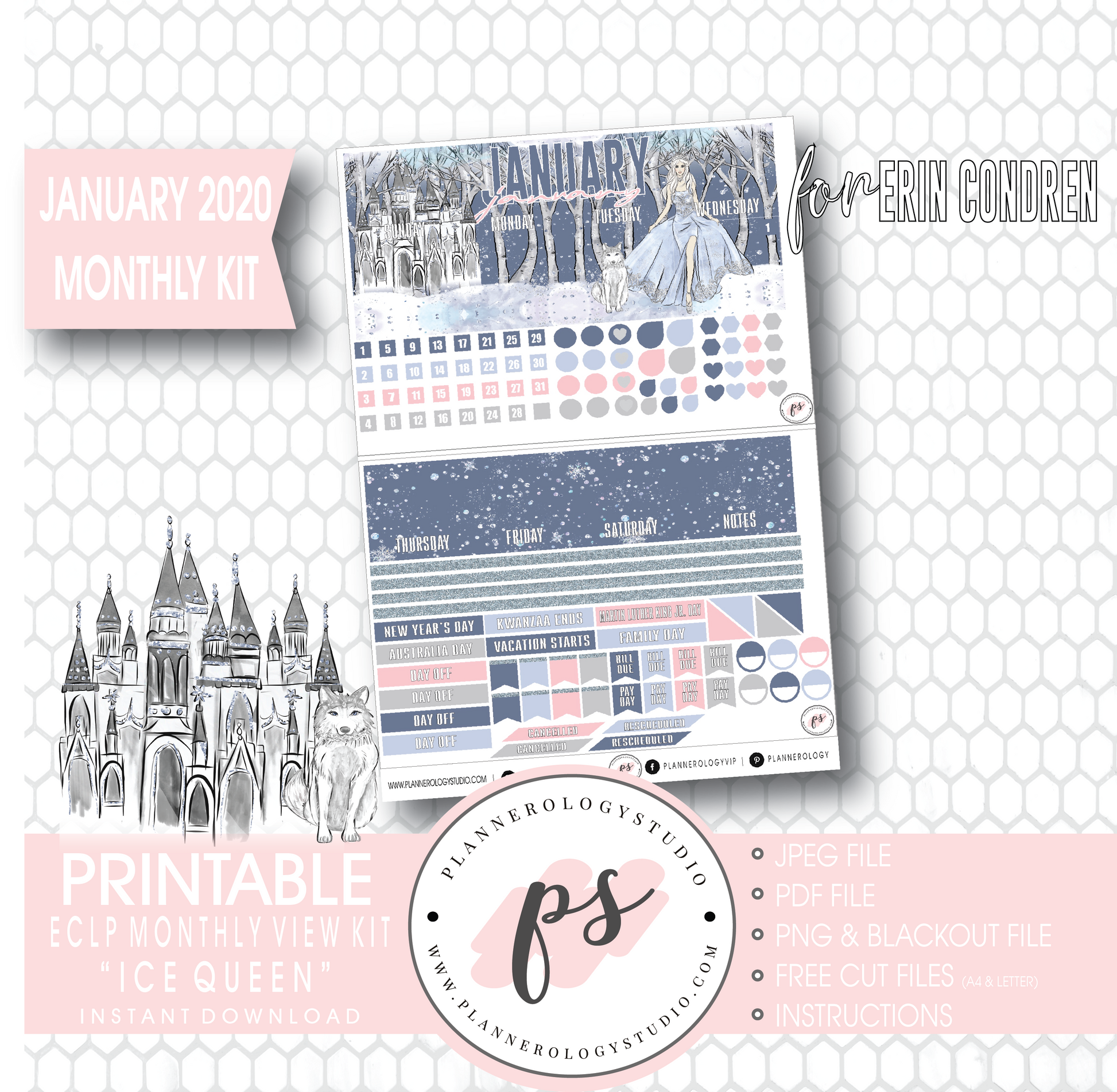 Ice Queen January 2020 Monthly View Kit Digital Printable Planner Stickers (for use with Erin Condren) - Plannerologystudio
