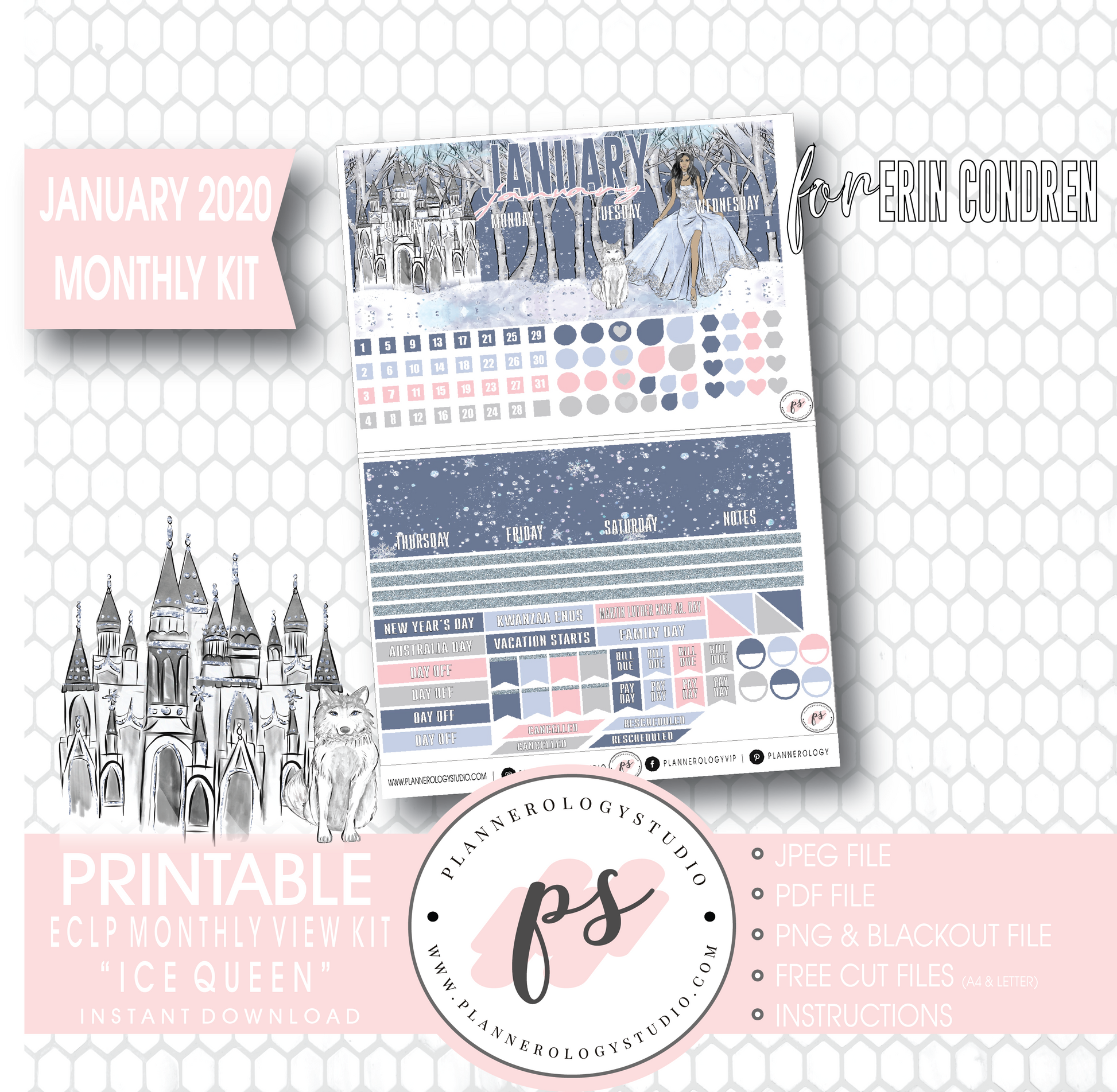 Ice Queen January 2020 Monthly View Kit Digital Printable Planner Stickers (for use with Erin Condren) - Plannerologystudio