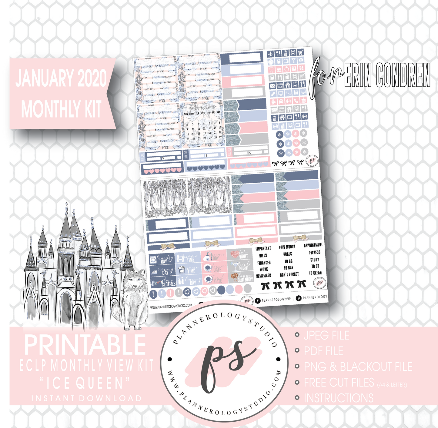 Ice Queen January 2020 Monthly View Kit Digital Printable Planner Stickers (for use with Erin Condren) - Plannerologystudio