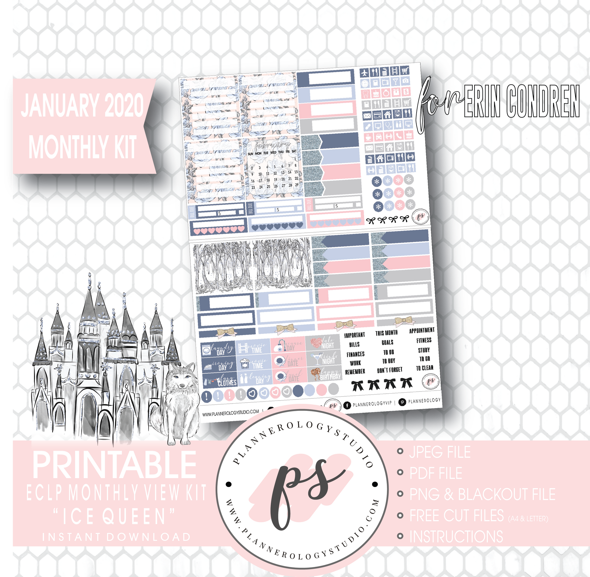Ice Queen January 2020 Monthly View Kit Digital Printable Planner Stickers (for use with Erin Condren) - Plannerologystudio