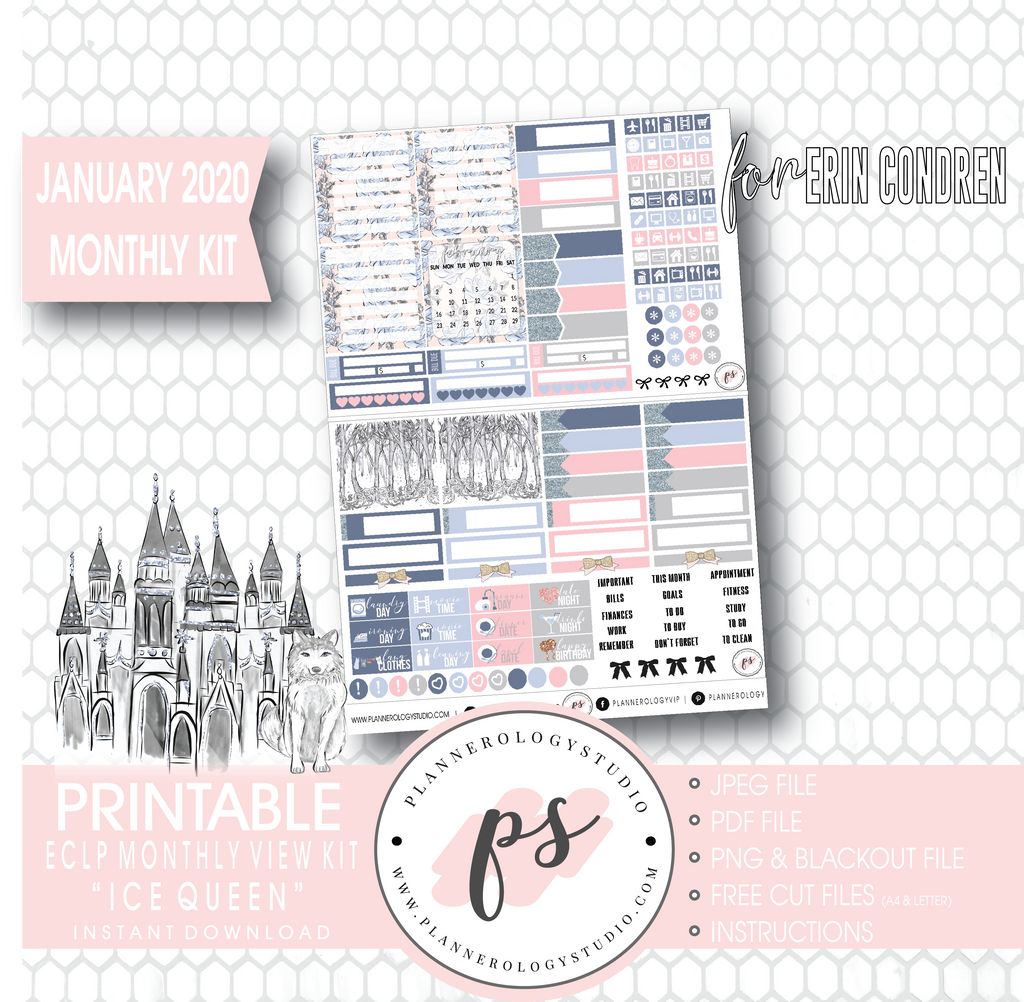 Ice Queen January 2020 Monthly View Kit Digital Printable Planner Stickers (for use with Erin Condren) - Plannerologystudio