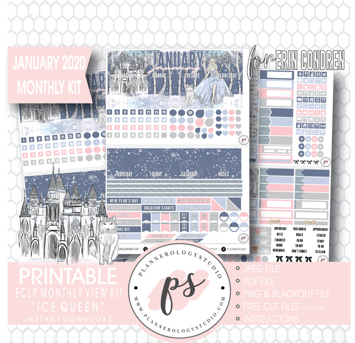 Ice Queen January 2020 Monthly View Kit Digital Printable Planner Stickers (for use with Erin Condren) - Plannerologystudio