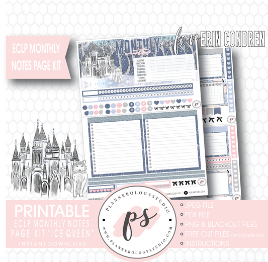 Ice Queen Monthly Notes Page Kit Digital Printable Planner Stickers (for use with Erin Condren) - Plannerologystudio