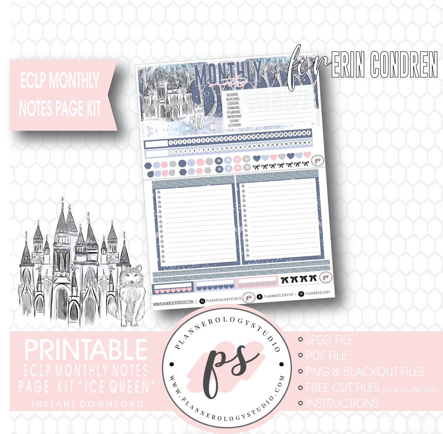 Ice Queen Monthly Notes Page Kit Digital Printable Planner Stickers (for use with Erin Condren) - Plannerologystudio