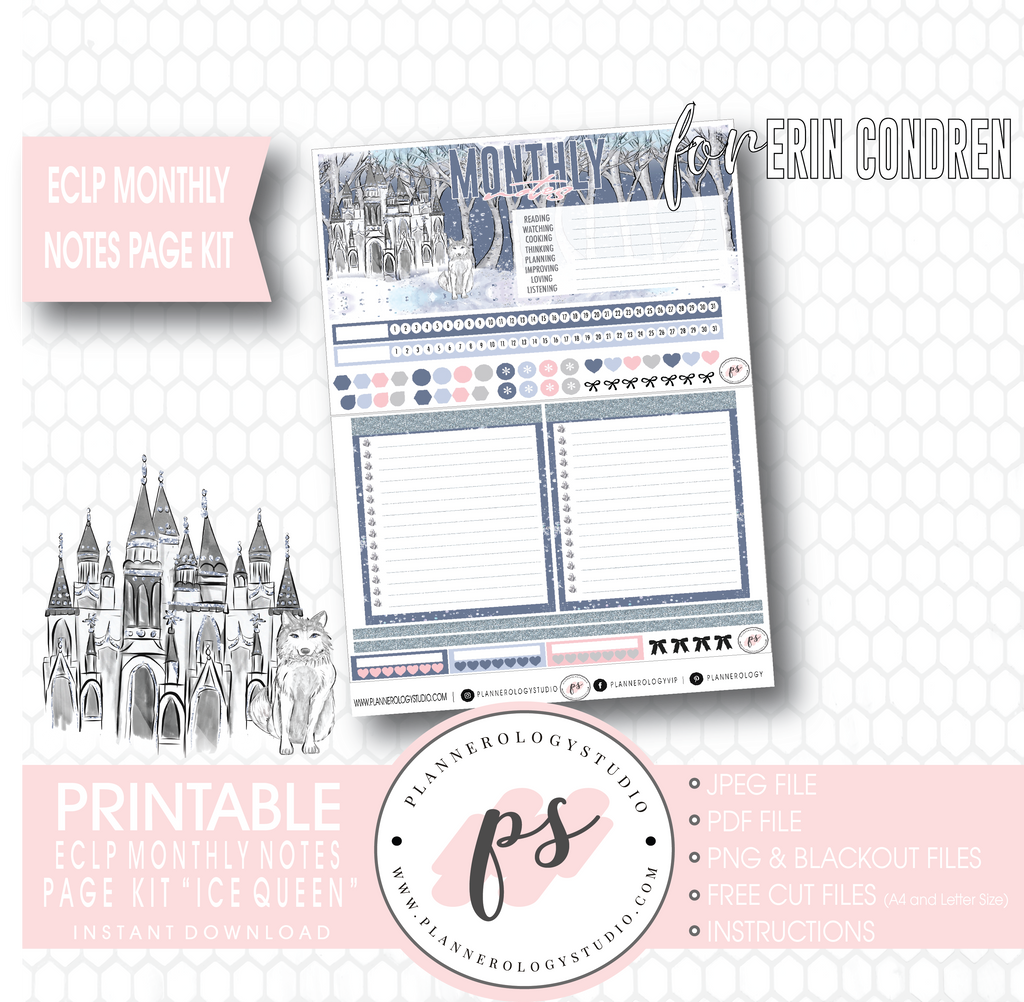 Ice Queen Monthly Notes Page Kit Digital Printable Planner Stickers (for use with Erin Condren) - Plannerologystudio