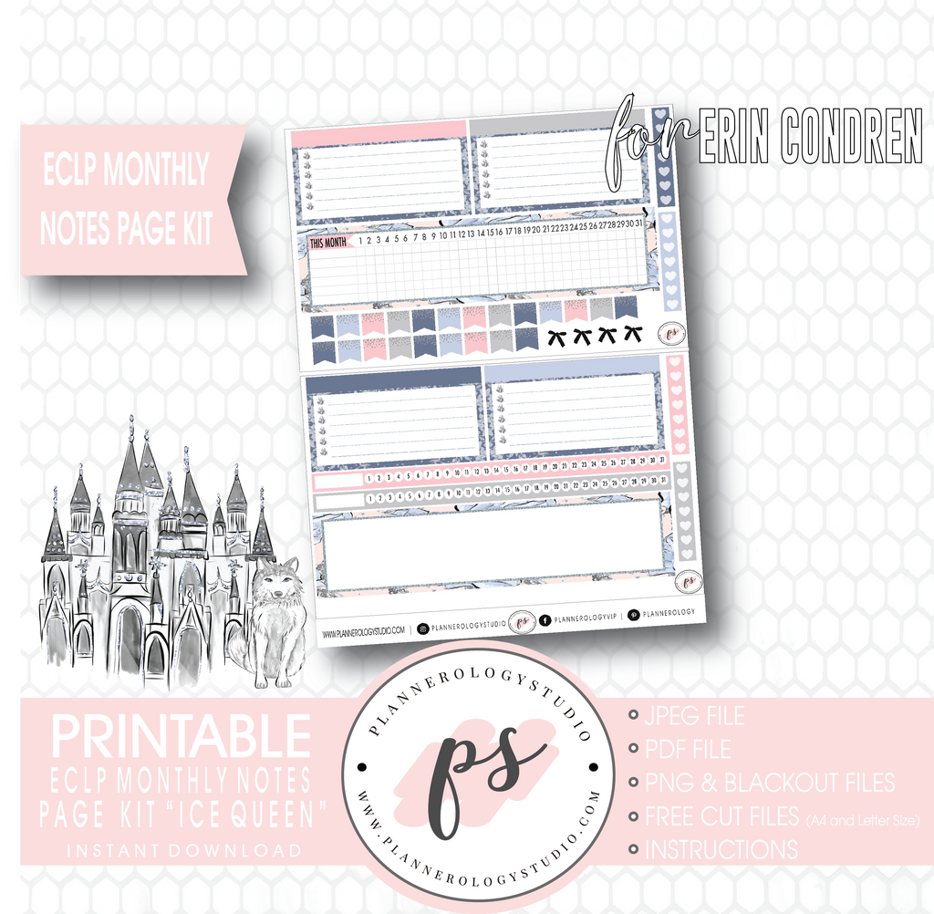 Ice Queen Monthly Notes Page Kit Digital Printable Planner Stickers (for use with Erin Condren) - Plannerologystudio