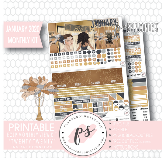 Twenty Twenty January 2020 Monthly View Kit Digital Printable Planner Stickers (for use with Erin Condren) - Plannerologystudio