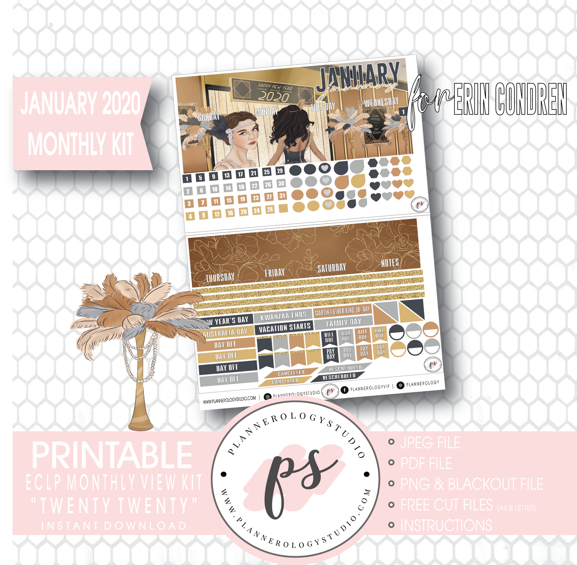 Twenty Twenty January 2020 Monthly View Kit Digital Printable Planner Stickers (for use with Erin Condren) - Plannerologystudio
