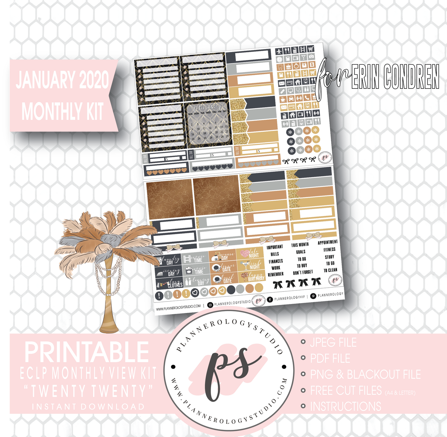 Twenty Twenty January 2020 Monthly View Kit Digital Printable Planner Stickers (for use with Erin Condren) - Plannerologystudio