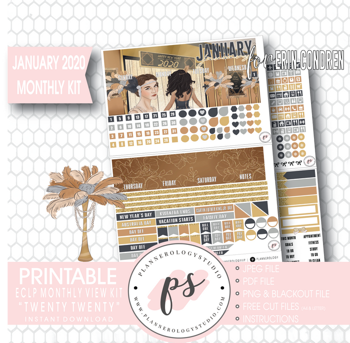 Twenty Twenty January 2020 Monthly View Kit Digital Printable Planner Stickers (for use with Erin Condren) - Plannerologystudio
