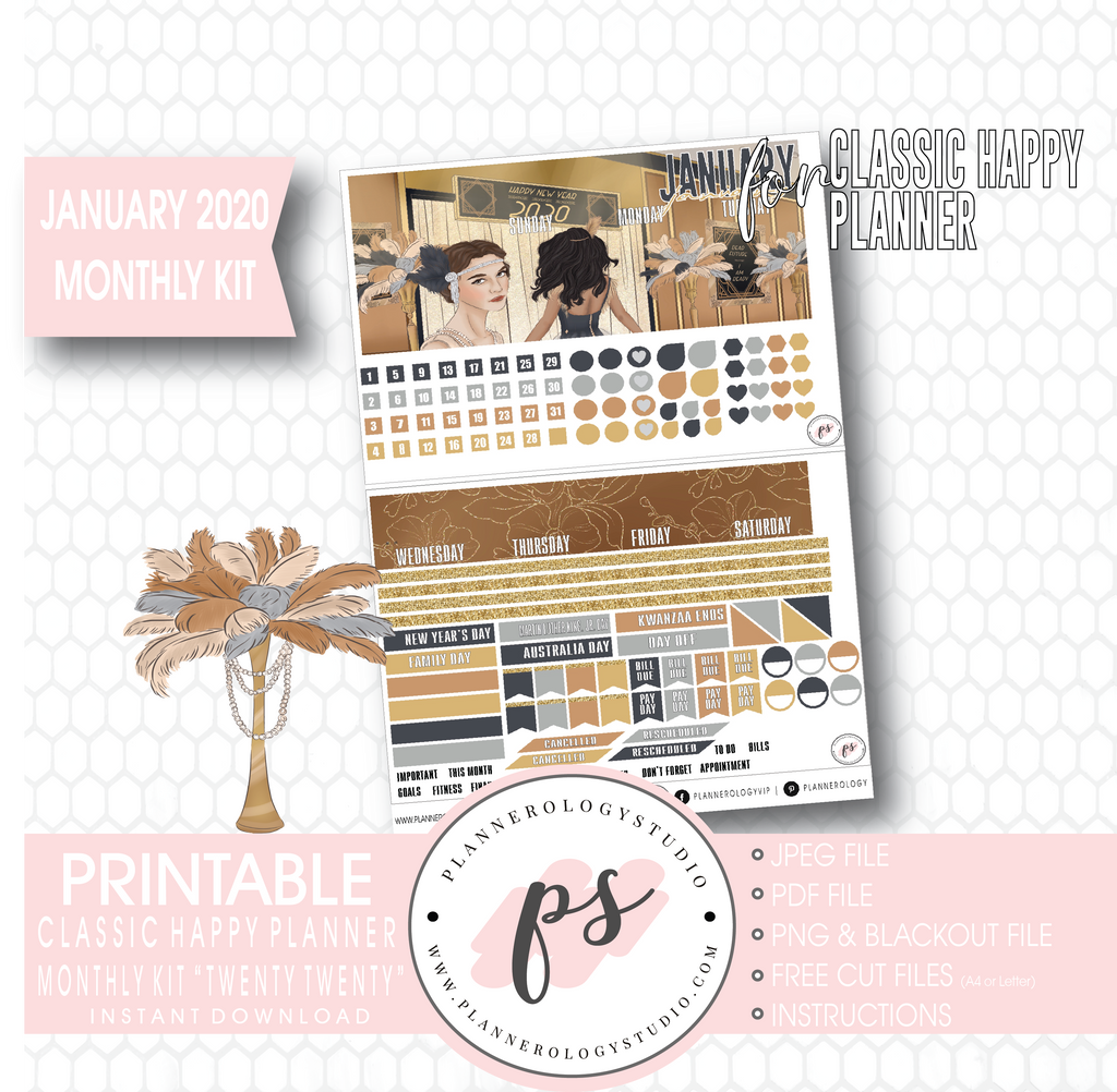Twenty Twenty (New Years) January 2020 Monthly View Kit Digital Printable Planner Stickers (for use with Classic Happy Planner) - Plannerologystudio