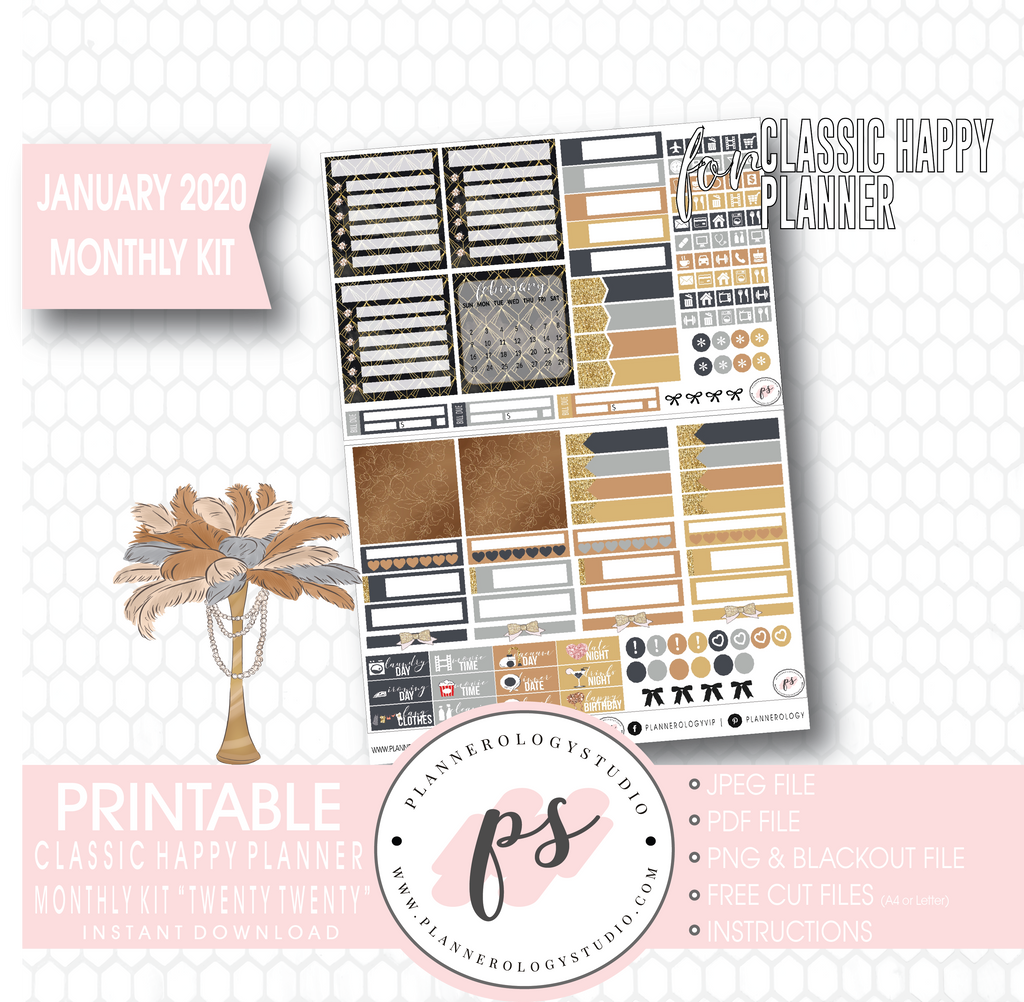 Twenty Twenty (New Years) January 2020 Monthly View Kit Digital Printable Planner Stickers (for use with Classic Happy Planner) - Plannerologystudio