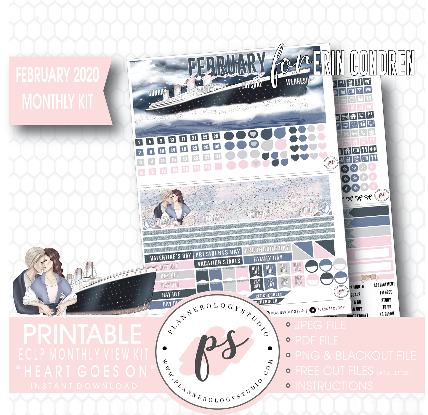 Heart Goes On (Titanic) February 2020 Monthly View Kit Digital Printable Planner Stickers (for use with Erin Condren) - Plannerologystudio
