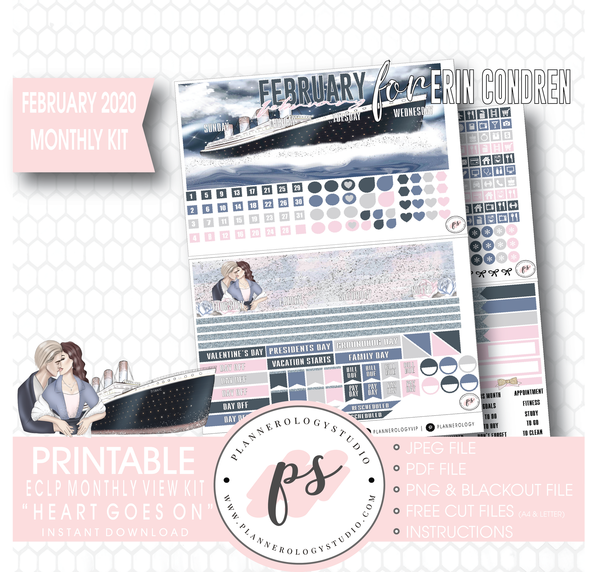 Heart Goes On (Titanic) February 2020 Monthly View Kit Digital Printable Planner Stickers (for use with Erin Condren) - Plannerologystudio