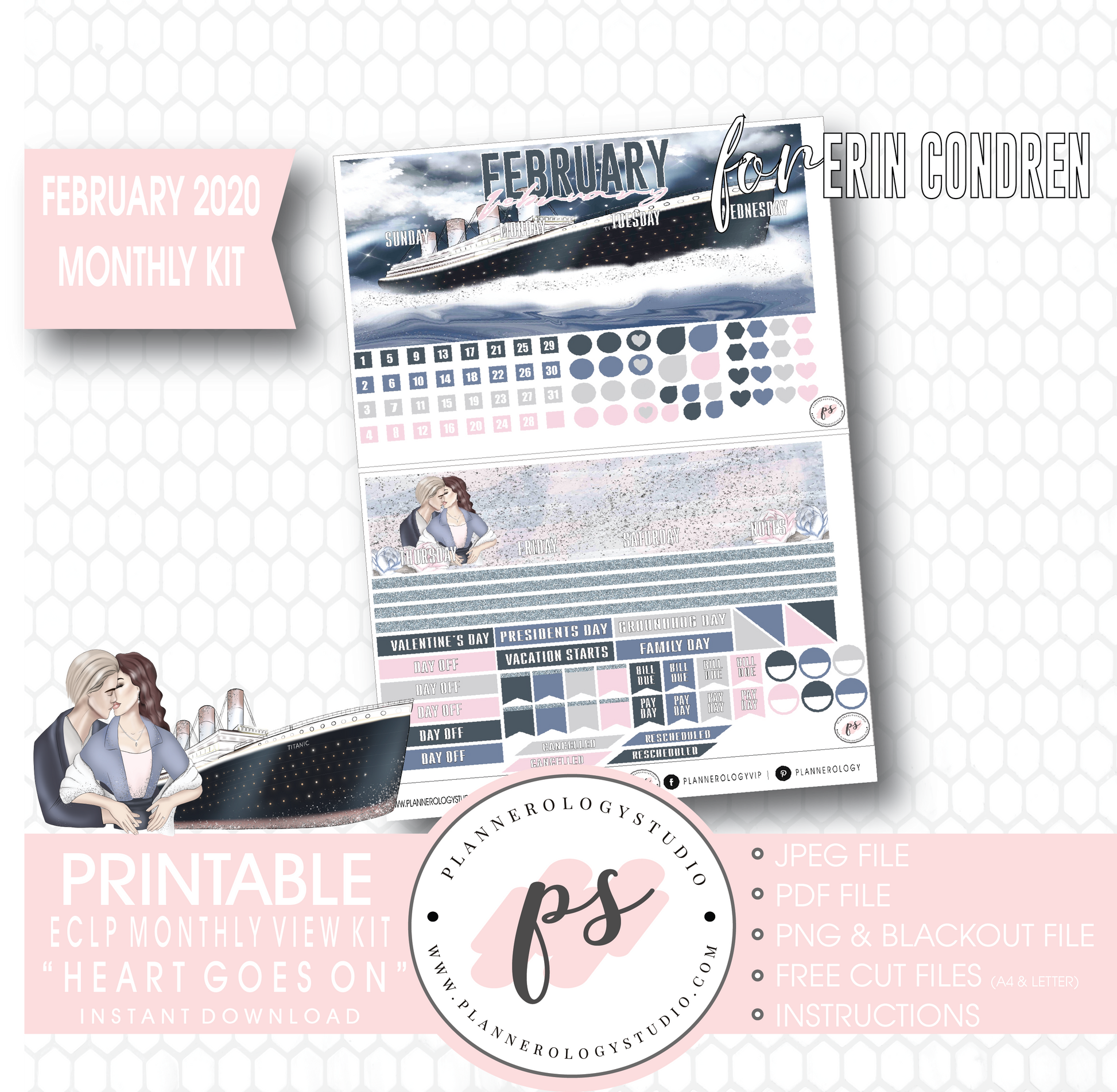 Heart Goes On (Titanic) February 2020 Monthly View Kit Digital Printable Planner Stickers (for use with Erin Condren) - Plannerologystudio