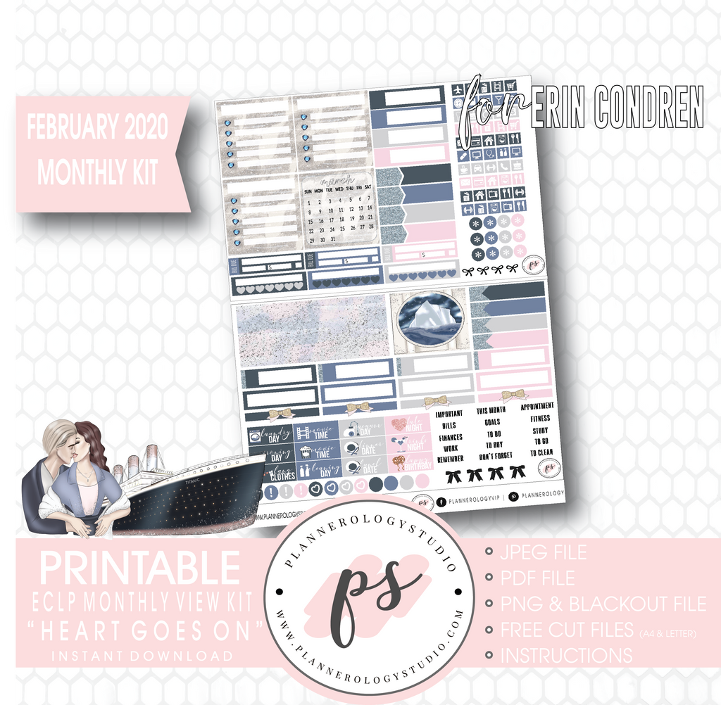 Heart Goes On (Titanic) February 2020 Monthly View Kit Digital Printable Planner Stickers (for use with Erin Condren) - Plannerologystudio