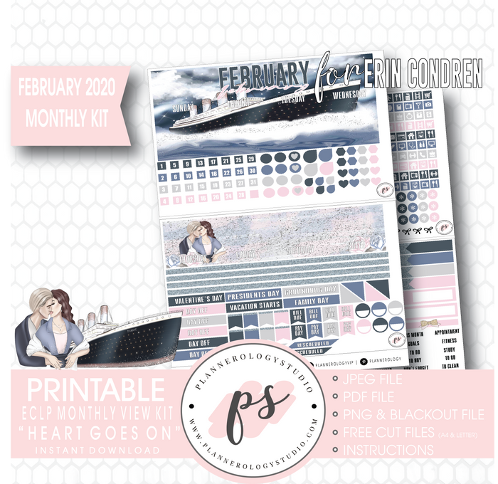 Heart Goes On (Titanic) February 2020 Monthly View Kit Digital Printable Planner Stickers (for use with Erin Condren) - Plannerologystudio