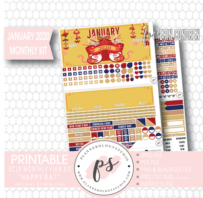 Happy Rat (Chinese/Lunar New Year) January 2020 Monthly View Kit Digital Printable Planner Stickers (for use with Erin Condren) - Plannerologystudio