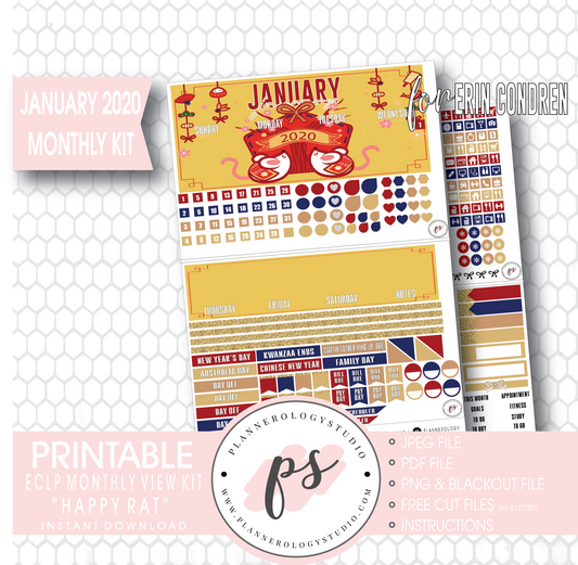 Happy Rat (Chinese/Lunar New Year) January 2020 Monthly View Kit Digital Printable Planner Stickers (for use with Erin Condren) - Plannerologystudio