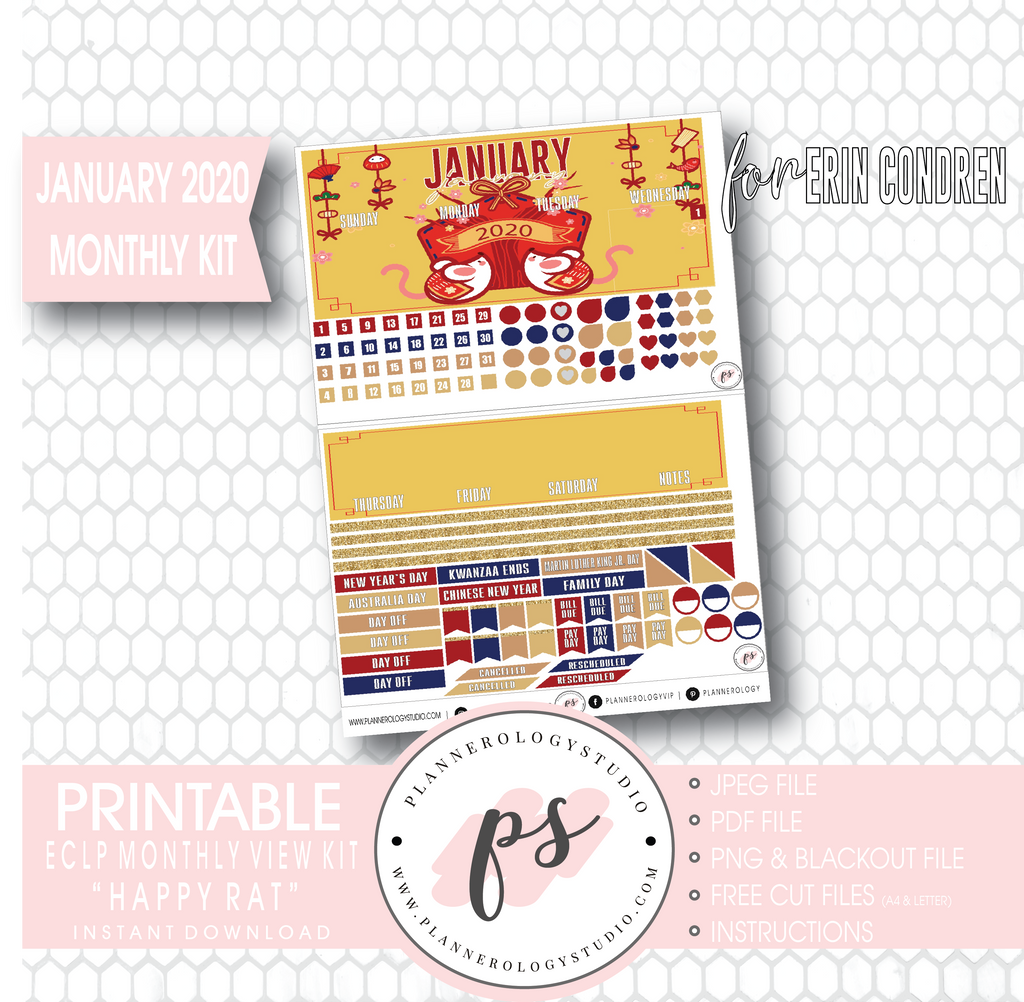 Happy Rat (Chinese/Lunar New Year) January 2020 Monthly View Kit Digital Printable Planner Stickers (for use with Erin Condren) - Plannerologystudio