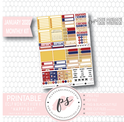 Happy Rat (Chinese/Lunar New Year) January 2020 Monthly View Kit Digital Printable Planner Stickers (for use with Erin Condren) - Plannerologystudio