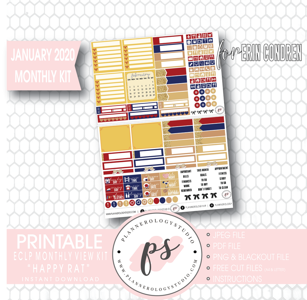 Happy Rat (Chinese/Lunar New Year) January 2020 Monthly View Kit Digital Printable Planner Stickers (for use with Erin Condren) - Plannerologystudio
