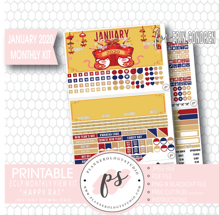 Happy Rat (Chinese/Lunar New Year) January 2020 Monthly View Kit Digital Printable Planner Stickers (for use with Erin Condren) - Plannerologystudio