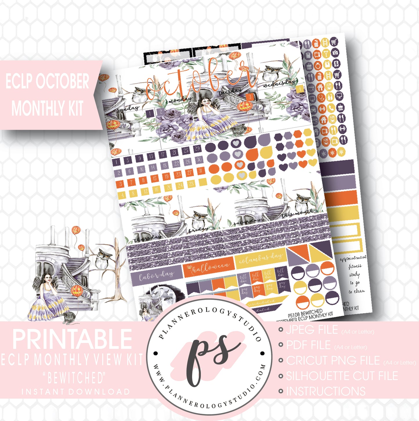 "Bewitched" October 2017 Halloween Monthly View Kit Printable Planner Stickers (for use with ECLP) - Plannerologystudio