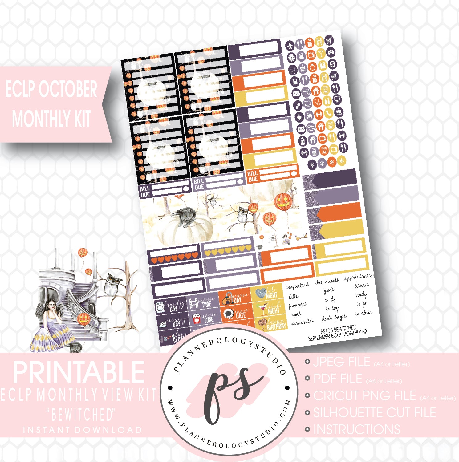 "Bewitched" October 2017 Halloween Monthly View Kit Printable Planner Stickers (for use with ECLP) - Plannerologystudio