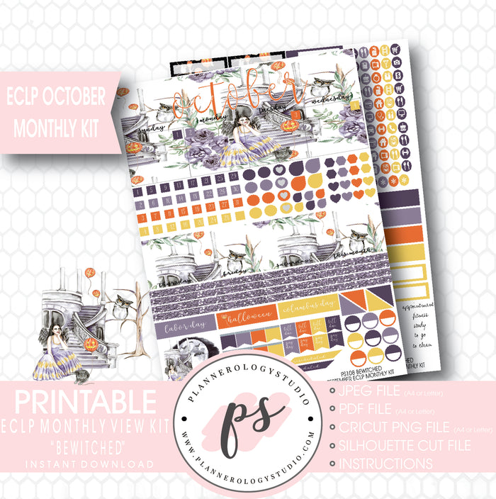 "Bewitched" October 2017 Halloween Monthly View Kit Printable Planner Stickers (for use with ECLP) - Plannerologystudio